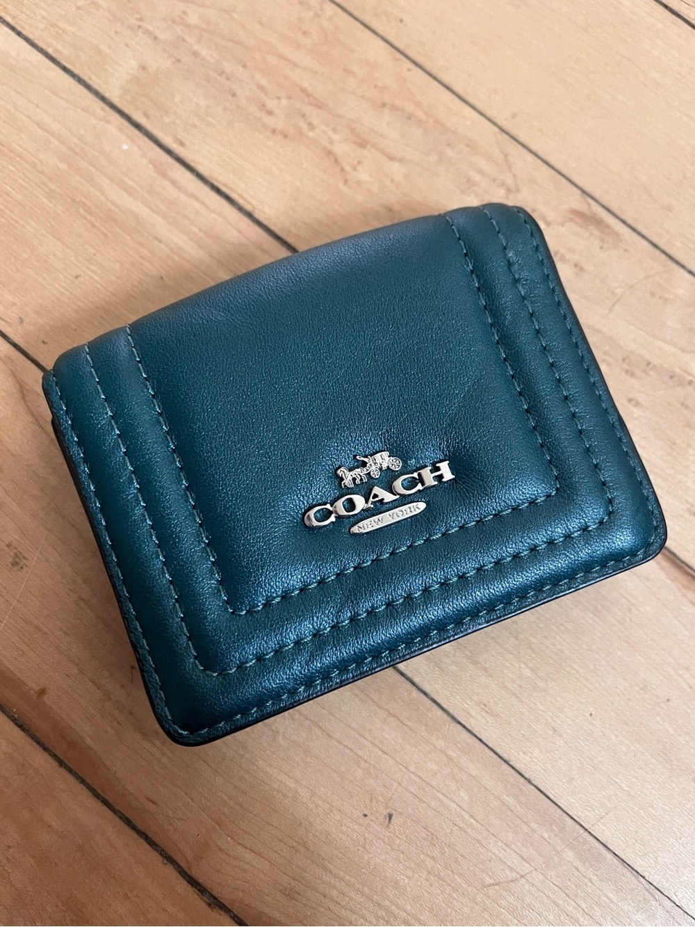 Coach Dark Green Leather Card Wallet with Silver Logo